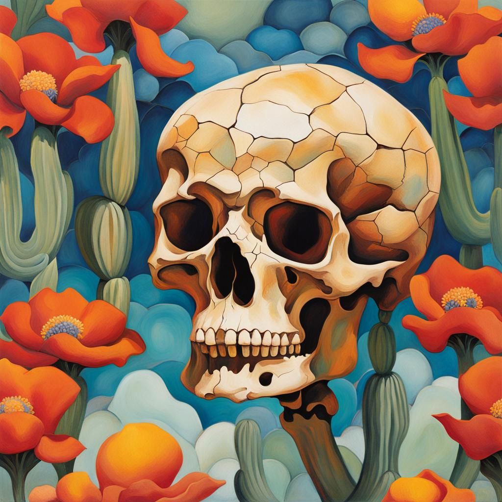 Desert Skull Blooms: An Impasto Art Piece