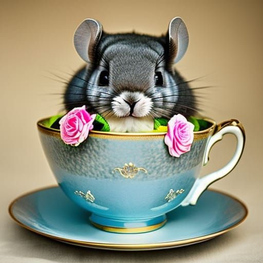 Adorable Chinchilla in Floral Teacup, Professional Photograp...