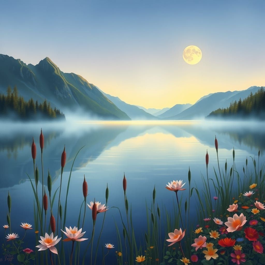 Rising Moon Illuminates Lush Landscape in Impressionist Styl...