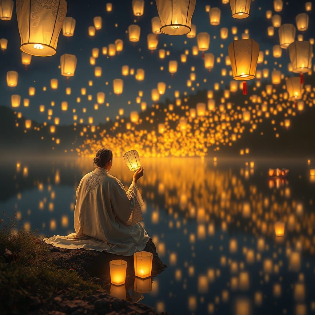 Sacred Nighttime Scene with Drifting Lanterns