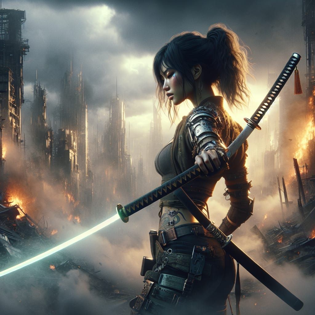 South Asian Assassin in Cyberpunk Cityscape