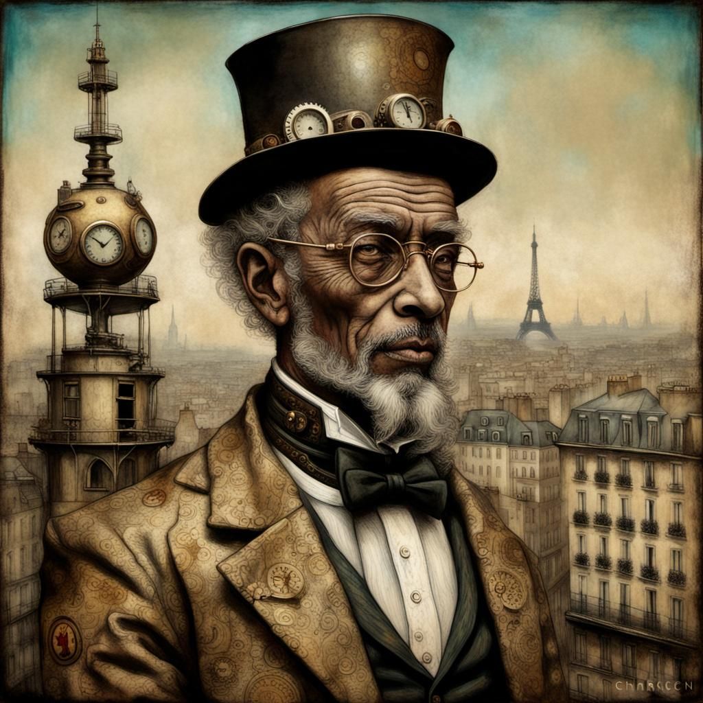 Steampunk Father in Afrofuturist Cityscape, Chiaroscuro
