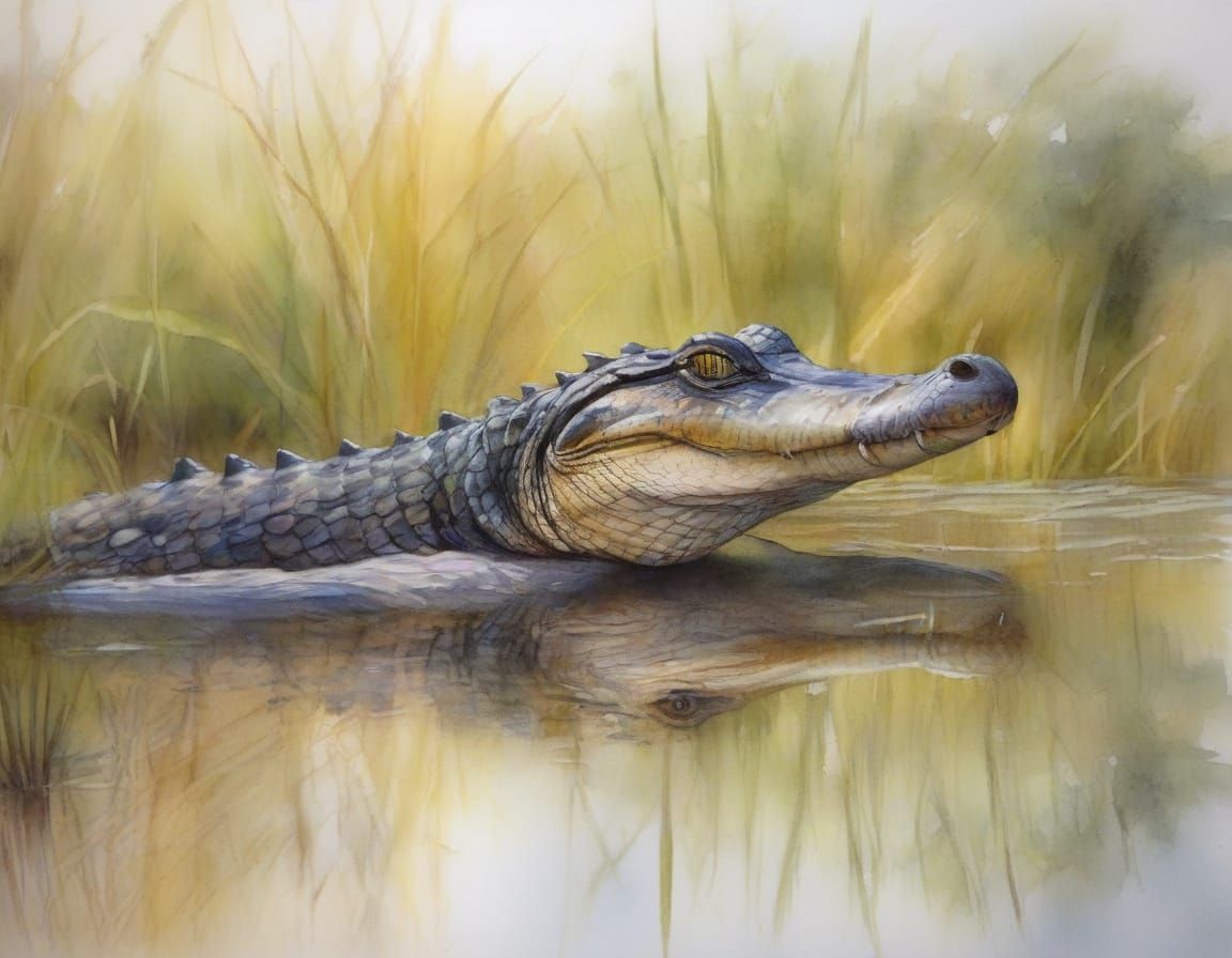American Alligator in Wetlands, Watercolor Painting