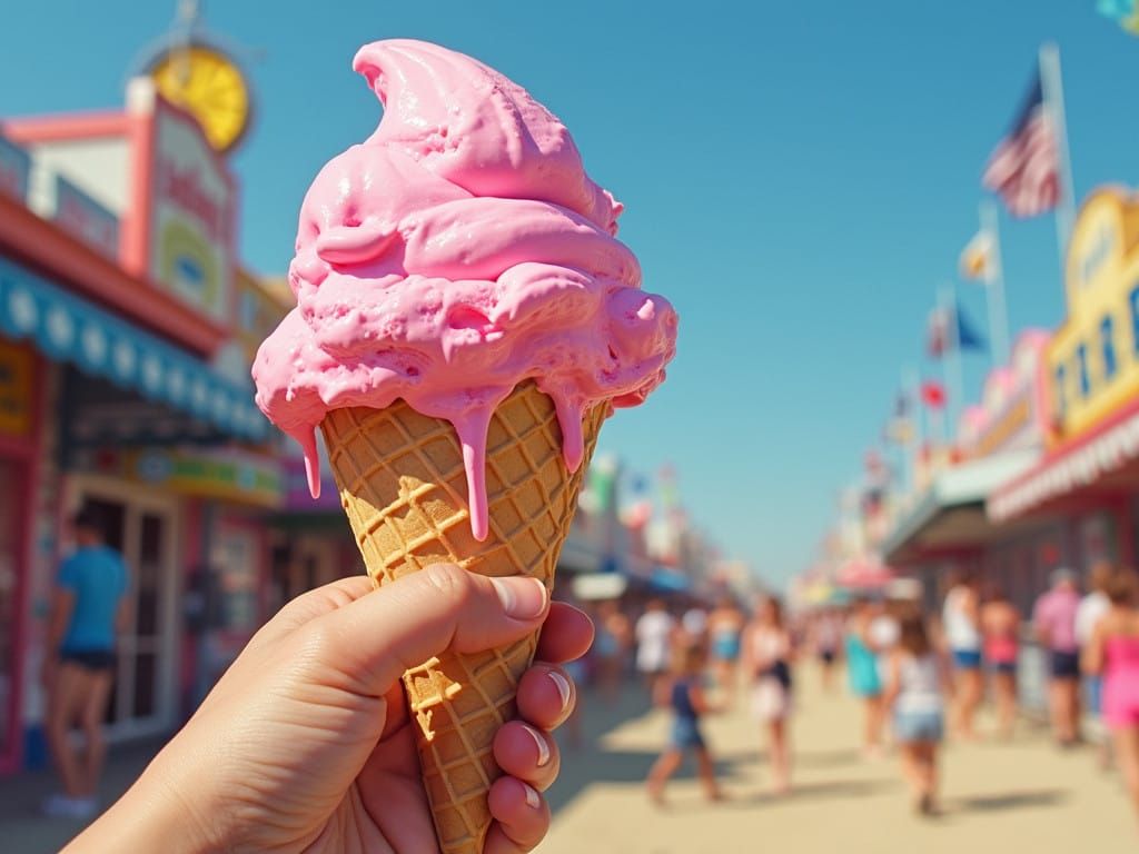 Child's Hand Holds Melting Pink Ice Cream on Sunny Day at Co...