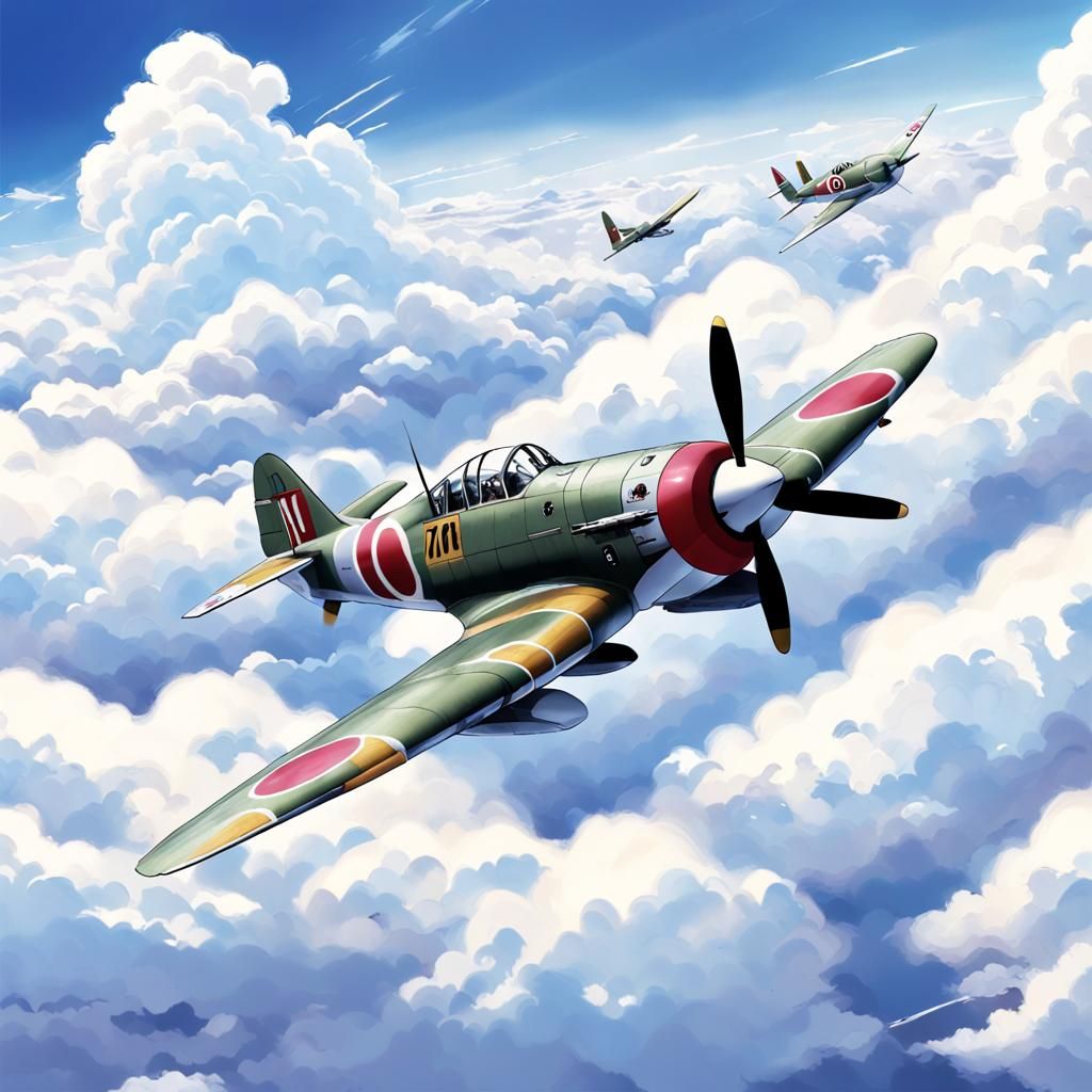 Mitsubishi A6M2 Reisen in Anime Style Above Clouds