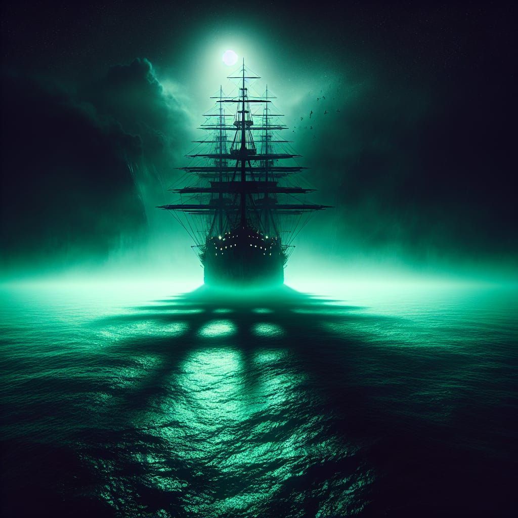 Ominous Ship Sailing on a Glowing Green Sea