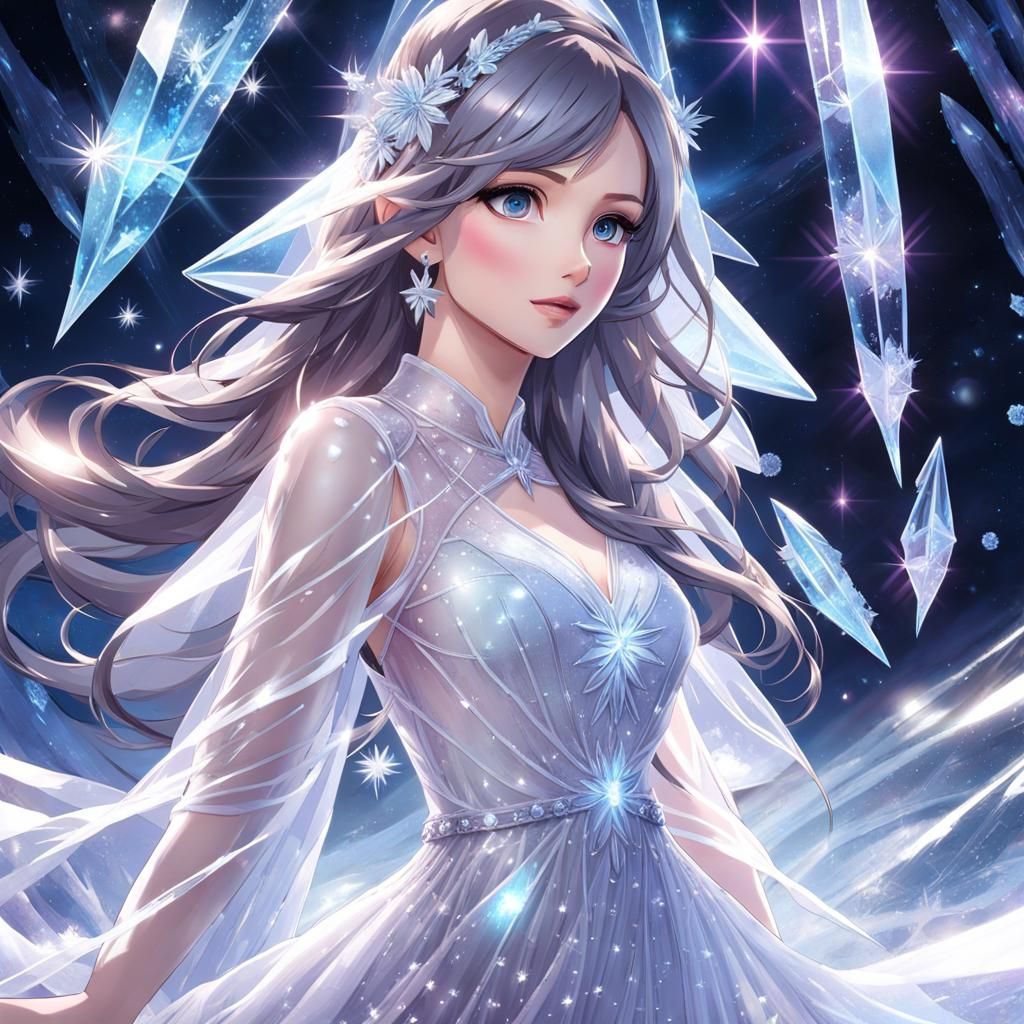 Anime Portrait: Woman in Ice Crystal Dress