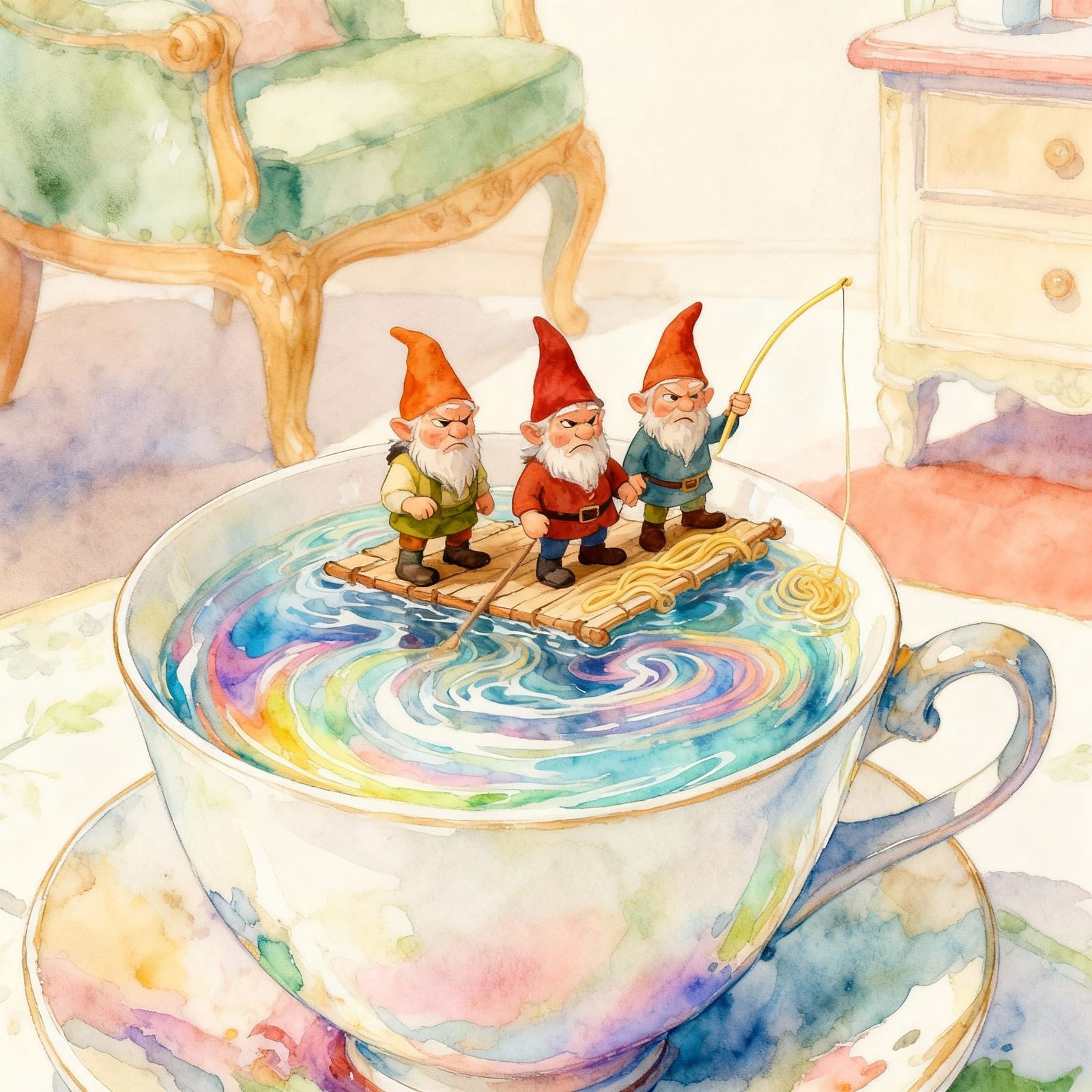 Grumpy Gnomes Fishing in a Teacup, Watercolor Style