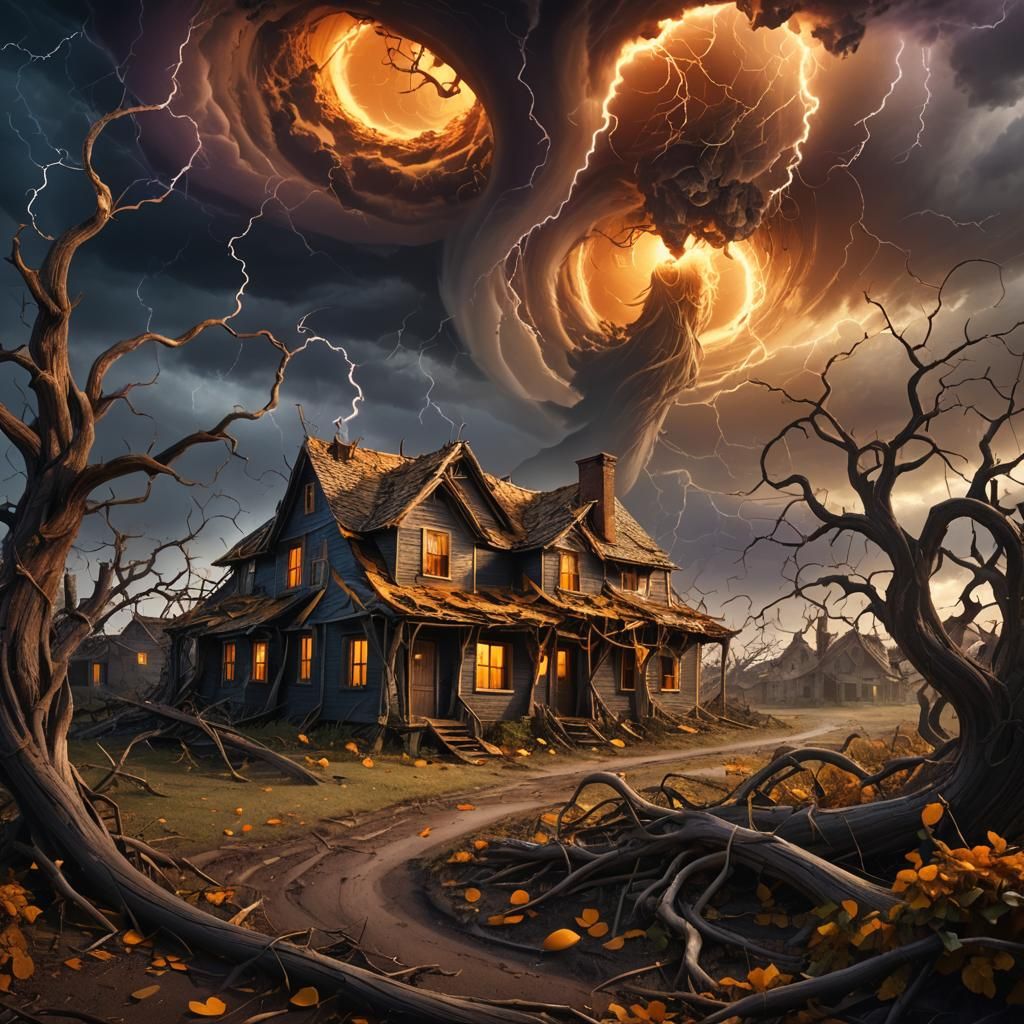 Storm Unroots Houses in Surreal Matte Painting