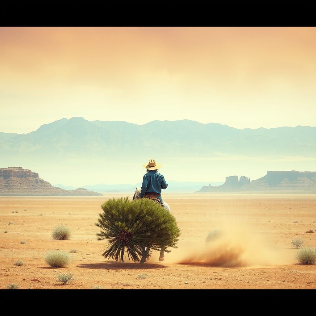 Cowboy Riding a Spinning Bush in a Vast Desert Landscape