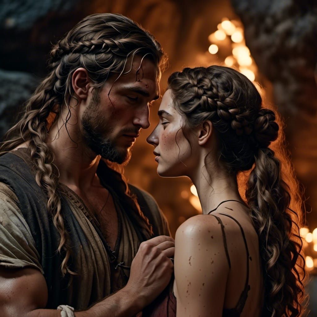 Dionysus and Ariadne's Romantic Kiss by Firelight