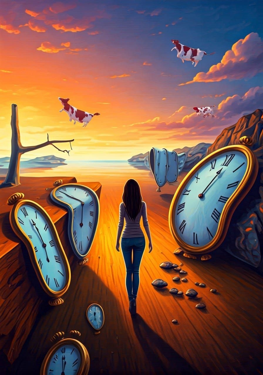 Surreal Dreamscape with Melting Clocks and Flying Cows
