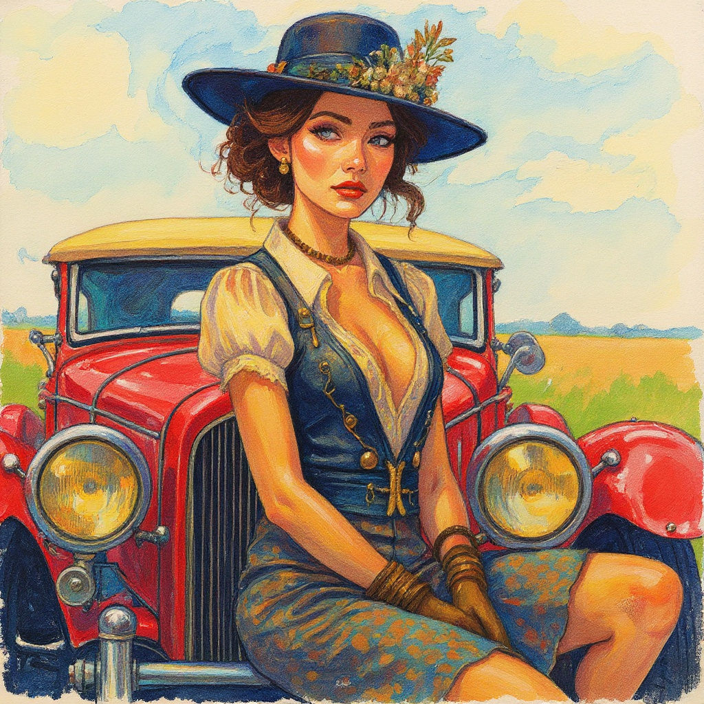 1920s Woman on Steampunk Car in Digital Art