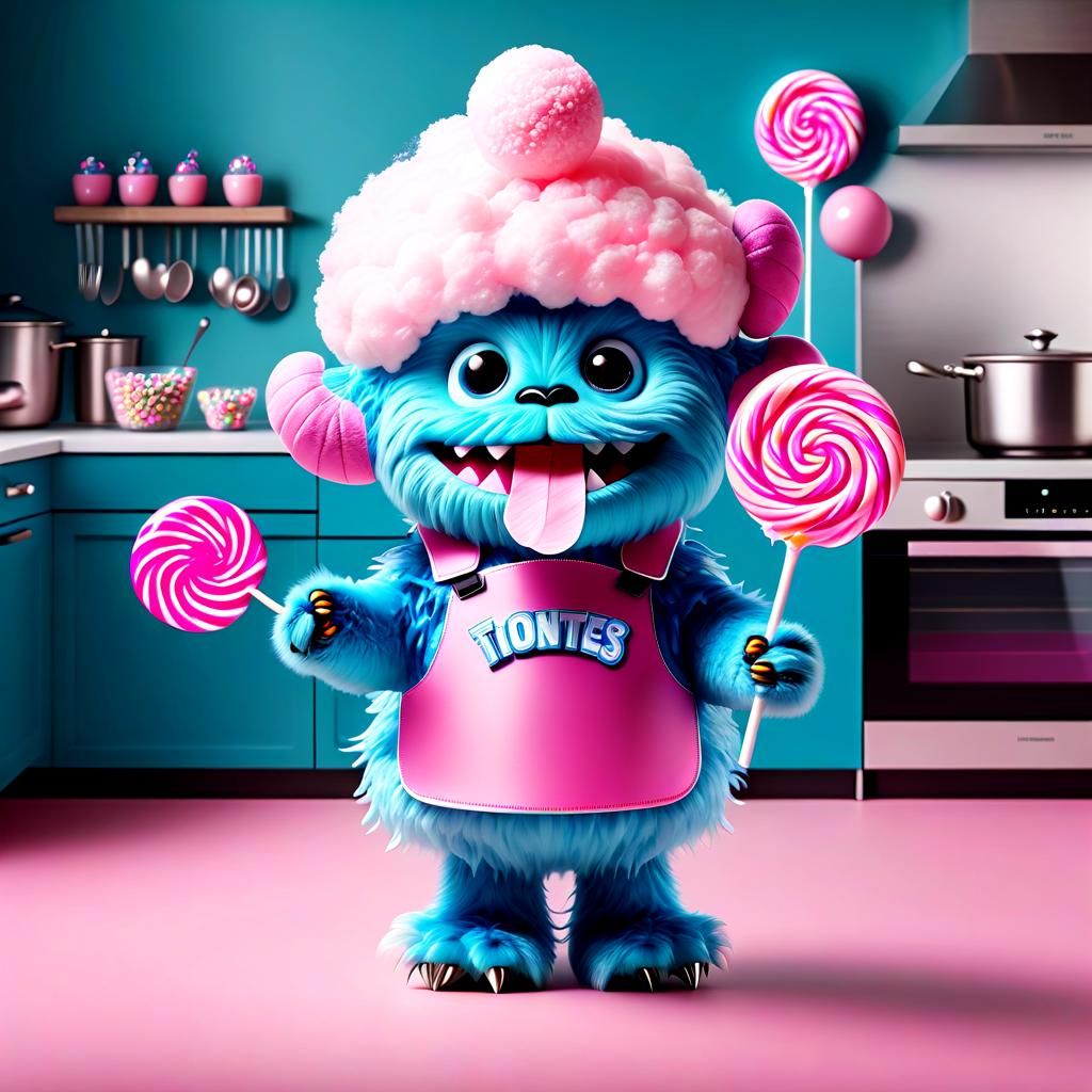 Cute Blue Monster Dancing with Lollipops