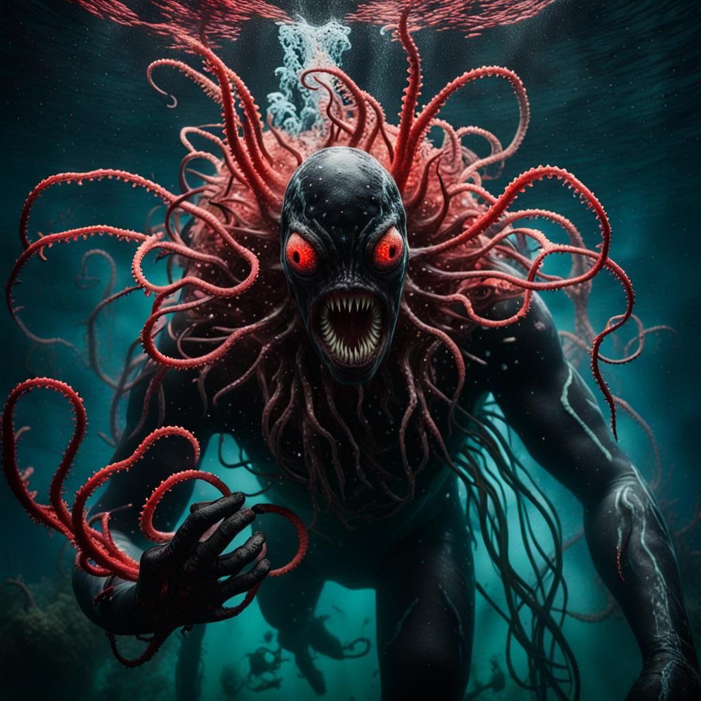 Diver vs. Grotesque Bloop Creature in Surreal Horror