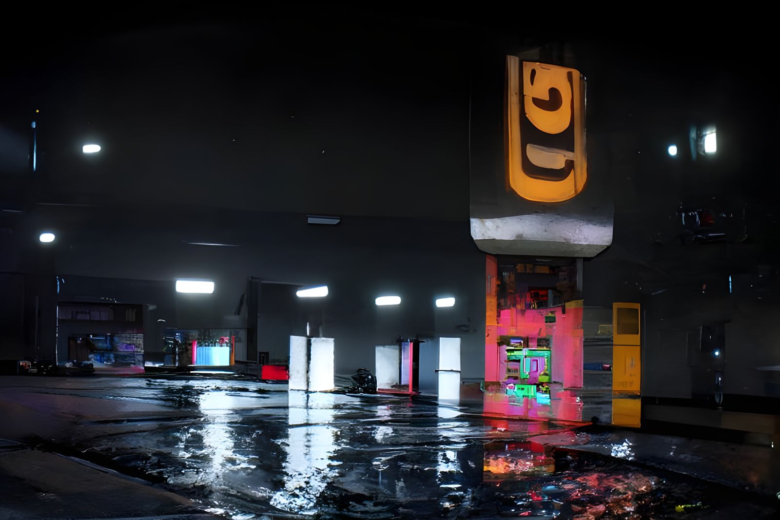Creepy Neon Gas Station on Rainy Night