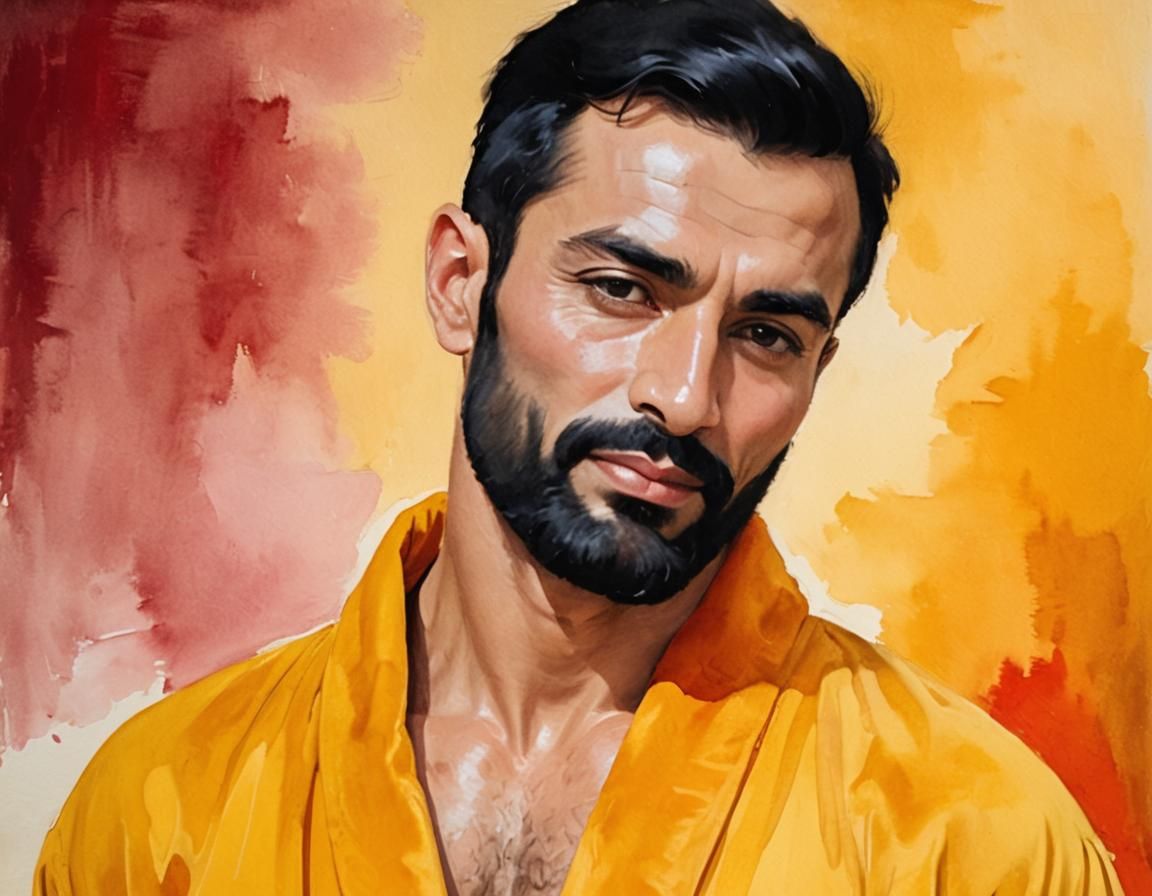 Hairy Man in Red Velvet Robe, Impressionist Style