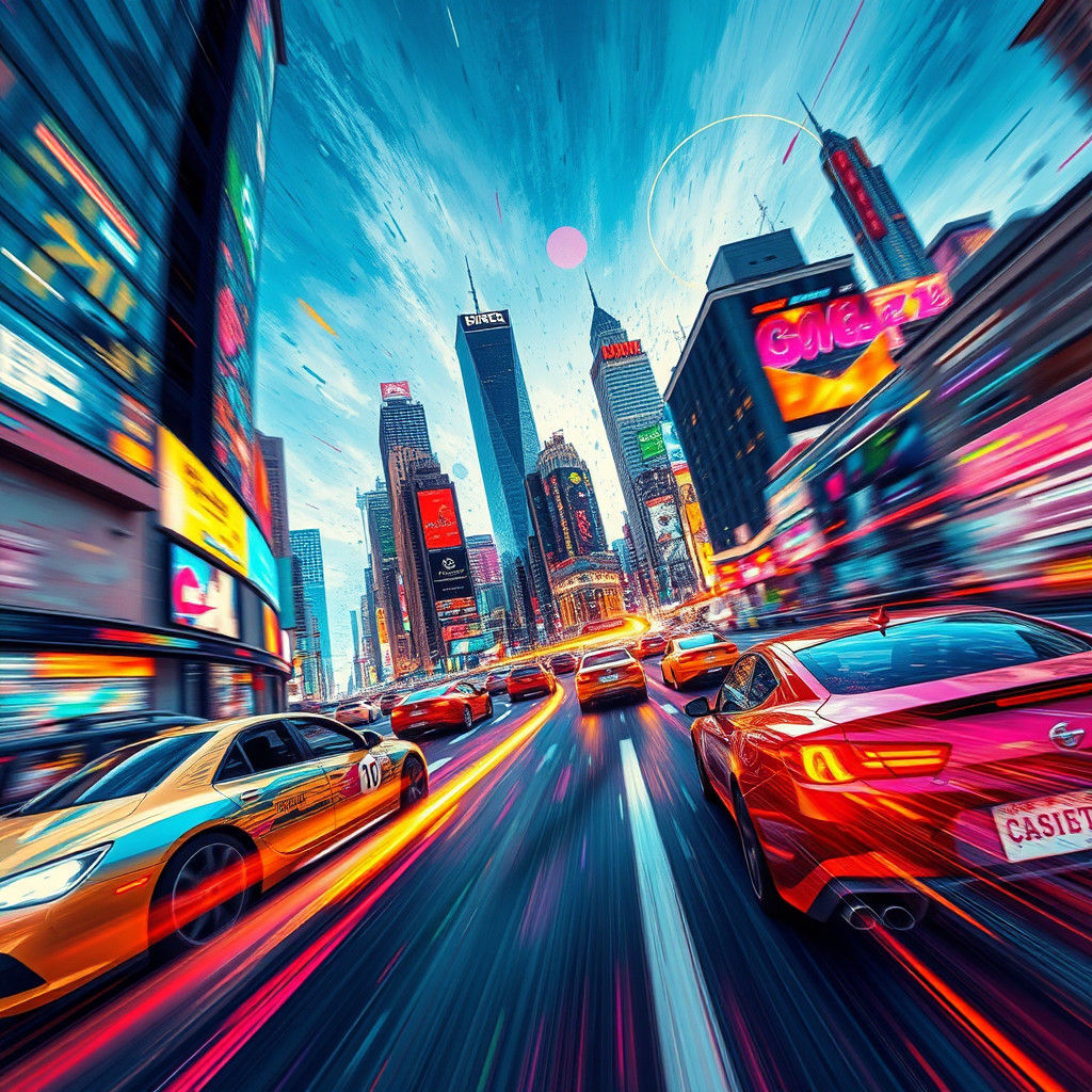 Dynamic Cityscape with Speeding Cars in Polychromatic Style