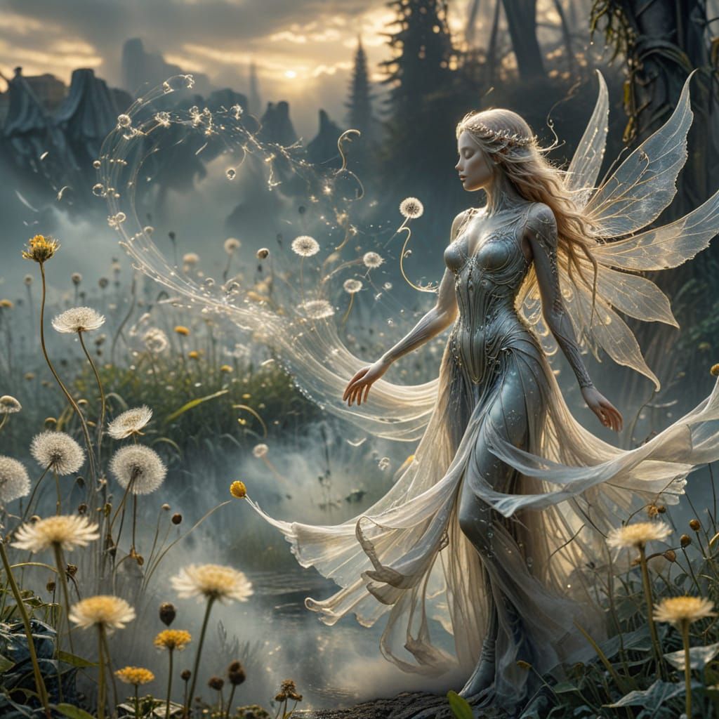 Translucent Fairy Embraces Dandelion in Dreamlike Ink and Sm...