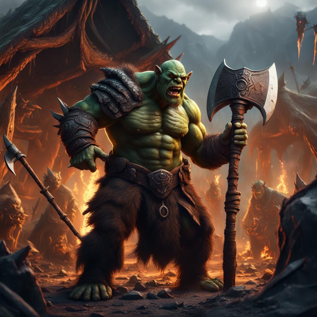 Orc Commander Directs War Camp, Detailed Matte Painting