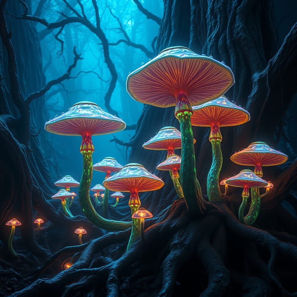 Mystical Mushrooms in a Dark, Surreal Forest
