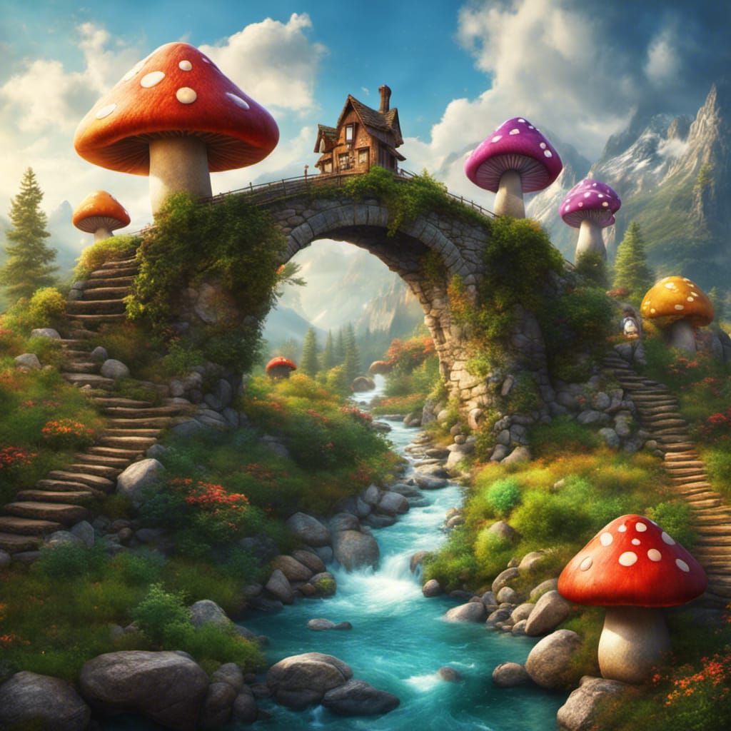 Fantasy Stone Bridge with Mushroom Houses in Art Brut Style