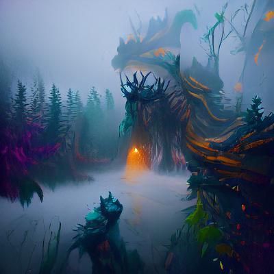 Giant Monster in Dark Foggy Forest