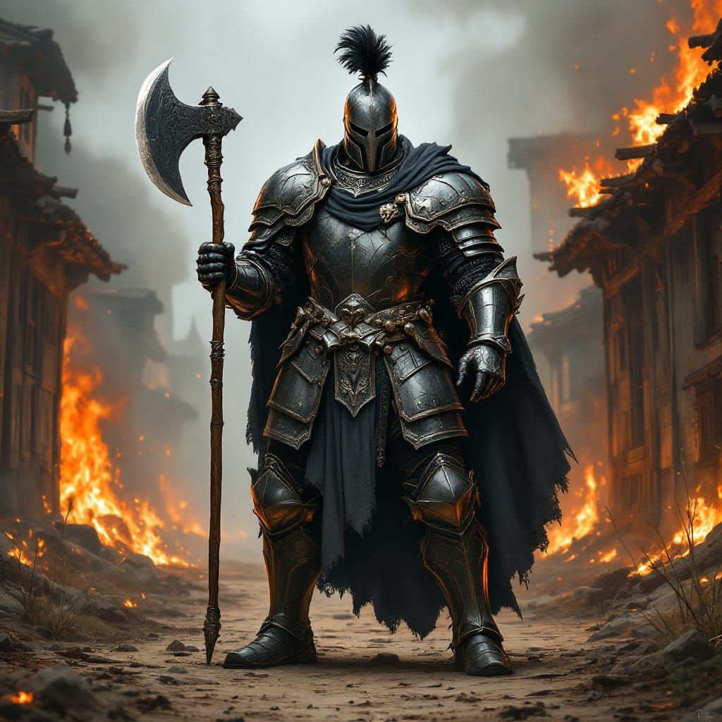 Armored Knight in Burning City, Hyper-Realistic Style