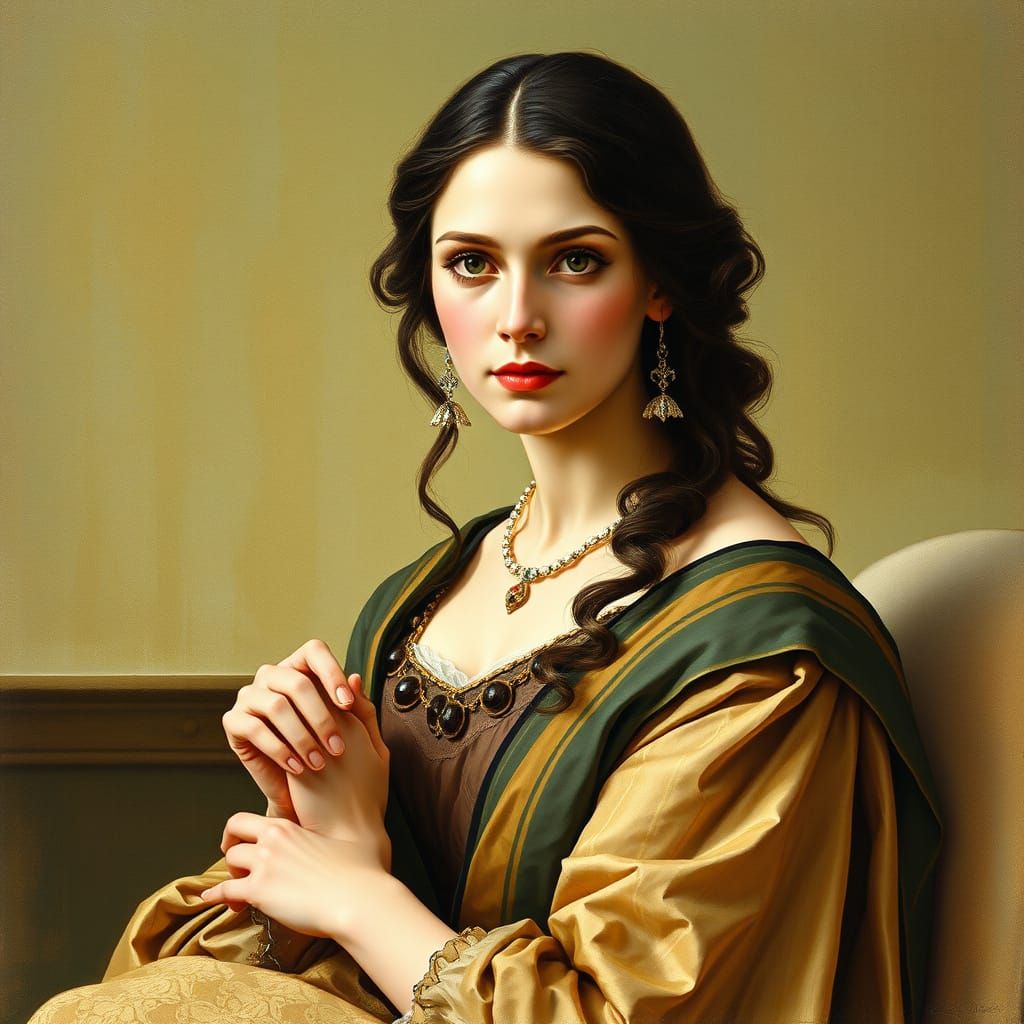 Elegant Woman with Mona Lisa Smile in Watercolor Style