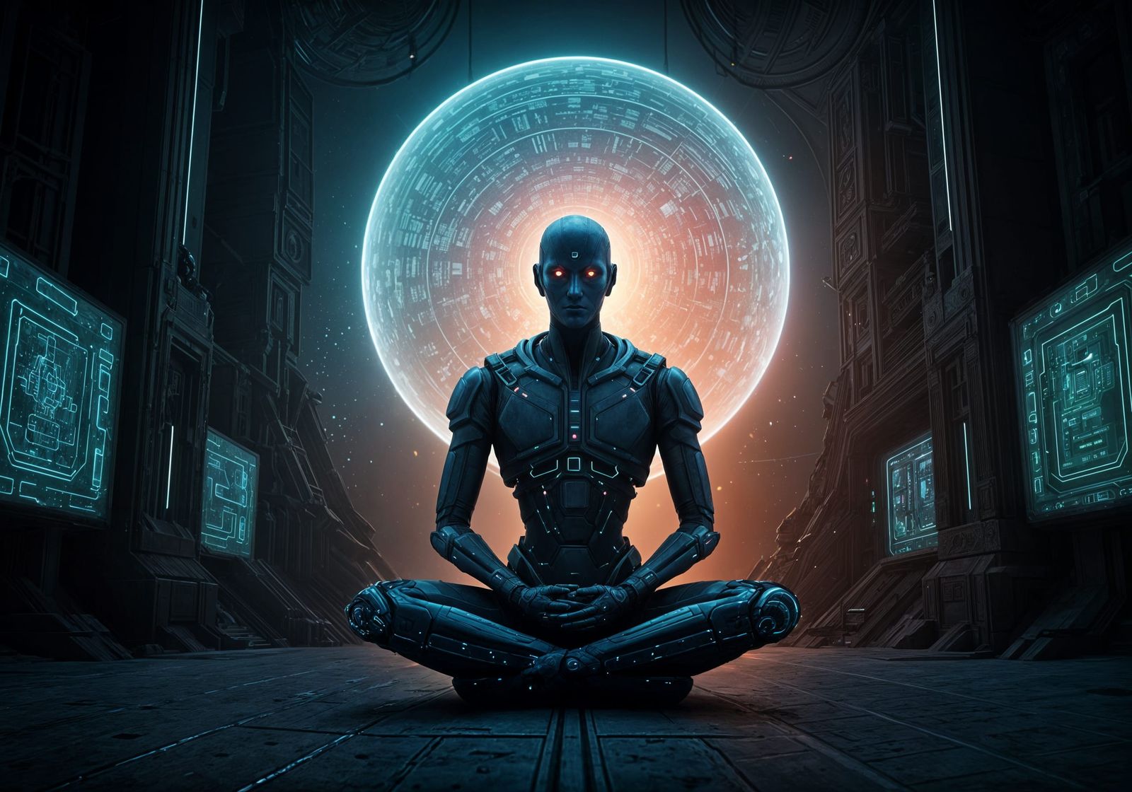 Cybermonk Meditating in Cyber Cave, Digital Art