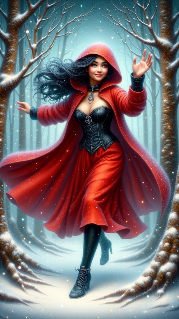 Whimsical Red Riding Hood Plays in Snowy Forest with Frosty....