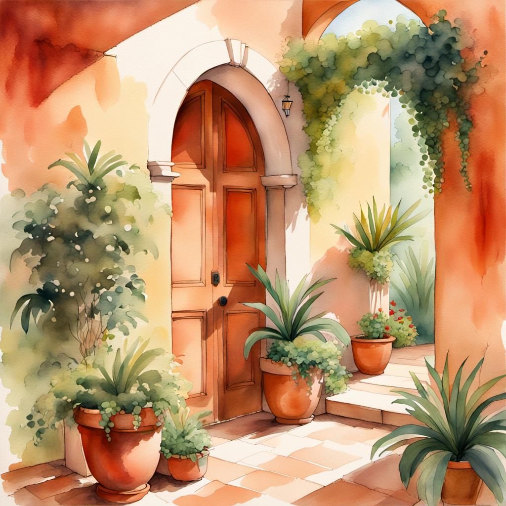 Vibrant Mediterranean Courtyard in Watercolor