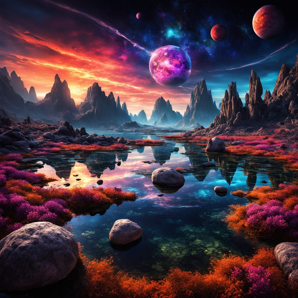 Surreal Alien Planet with Floating Rocks and Neon Skies