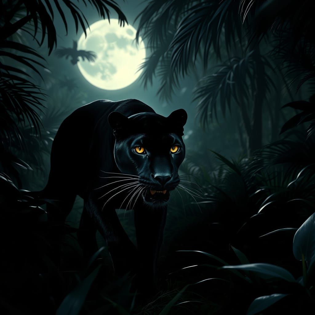 Sleek Panther Emerges from Moonlit Jungle Shadows