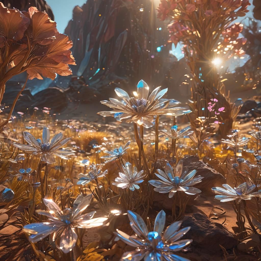 Crystal Flowers in Alien Landscape: Digital Art