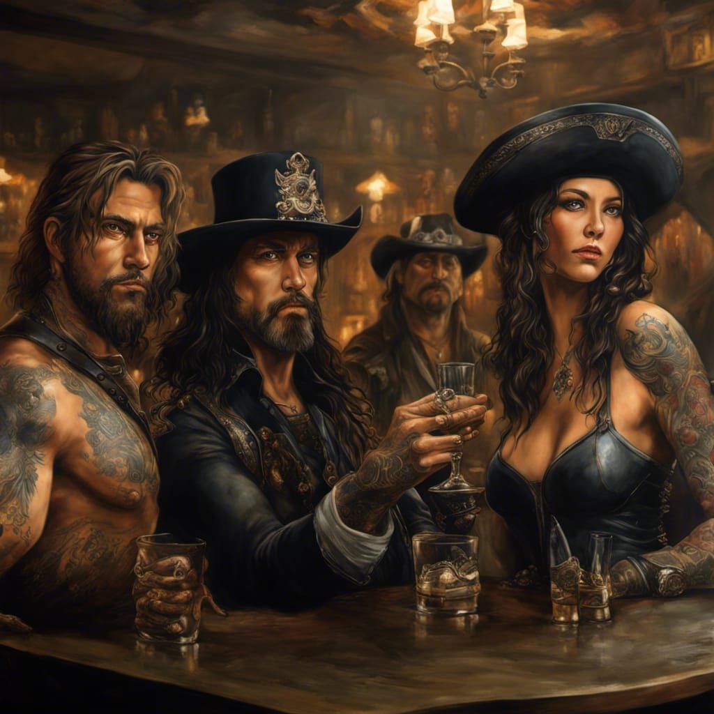 Outlaw Kings in Saloon: Fantasy Acrylic Painting