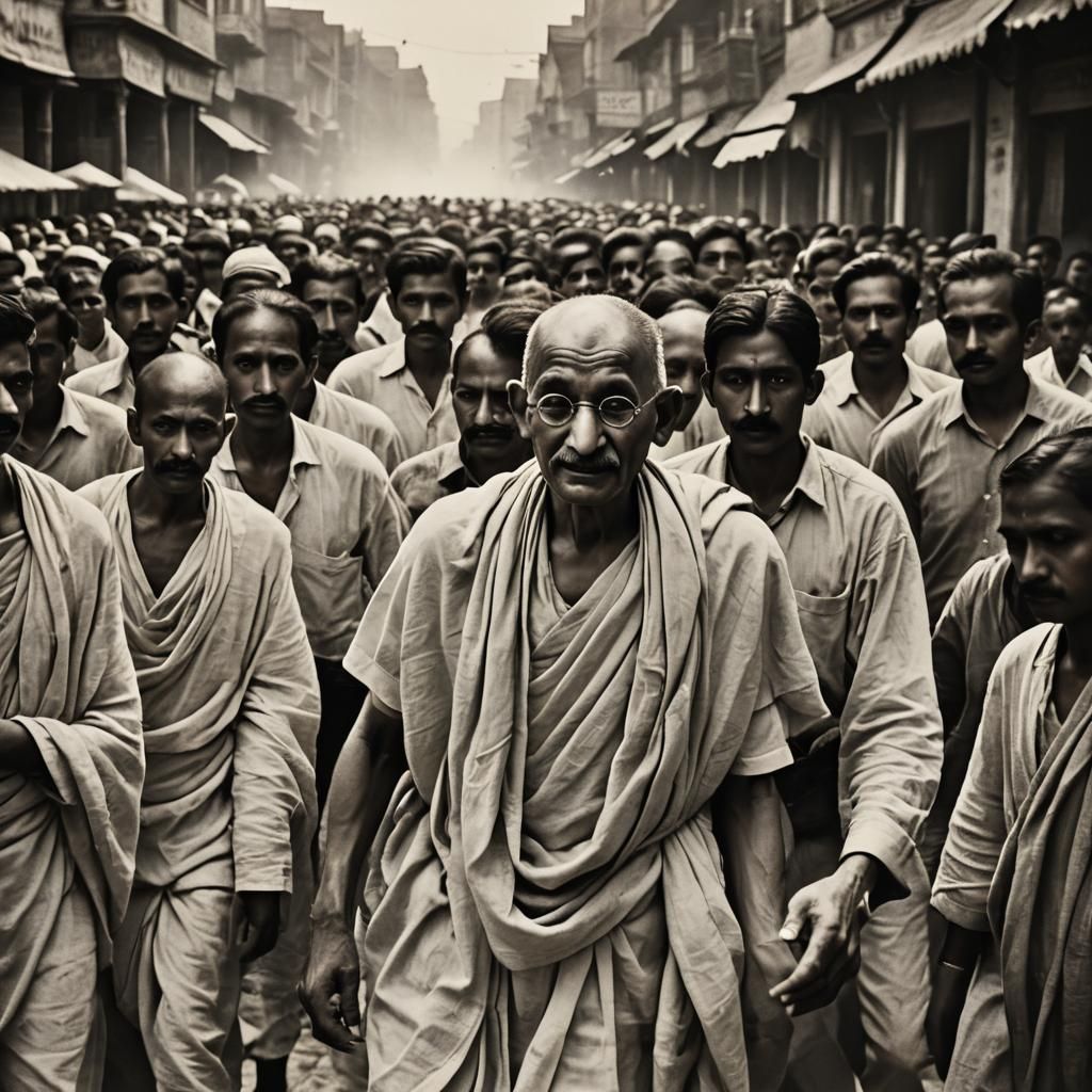 Mahatma Gandhi Walking in Crowded Street: Historical Realism