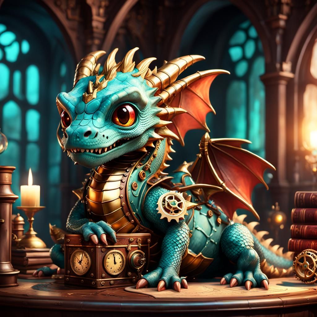 Steampunk Dragon Sipping Cocktail in Castle