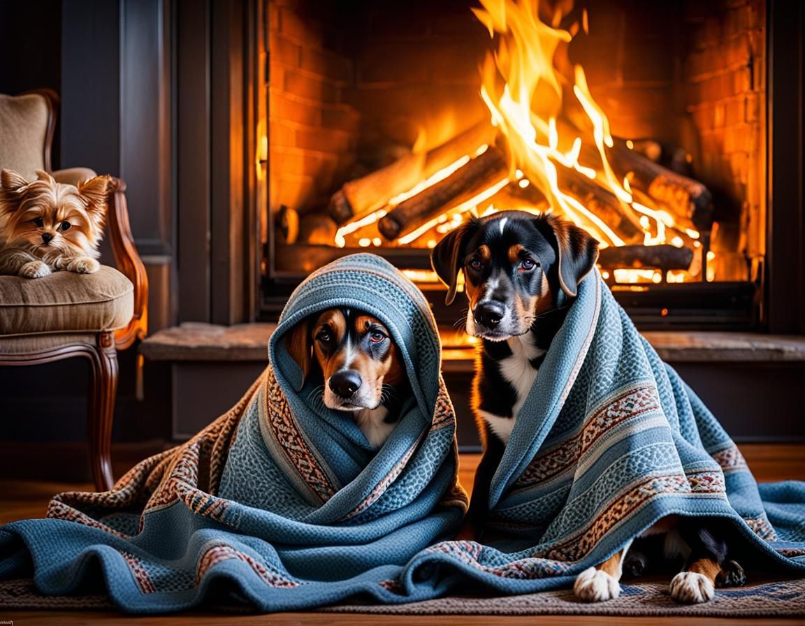 Cozy Toddler and Dog by Fireplace, Painterly Style