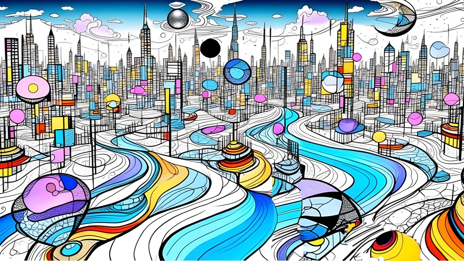 Kaleidoscopic Cityscape with Cosmic Elements and Flowing Riv...