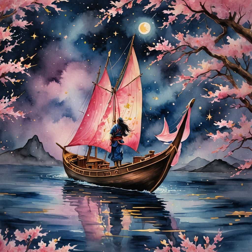 Mystical Boat Under Stars: Watercolor Splash Art