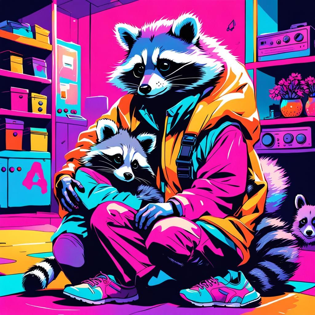 Child Cuddling Raccoon in Synthwave Comic Art