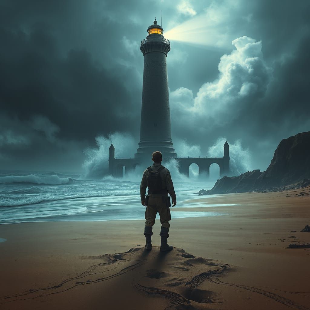 Ancient Lighthouse on Stormy Beach in Hyper-Realistic Detail