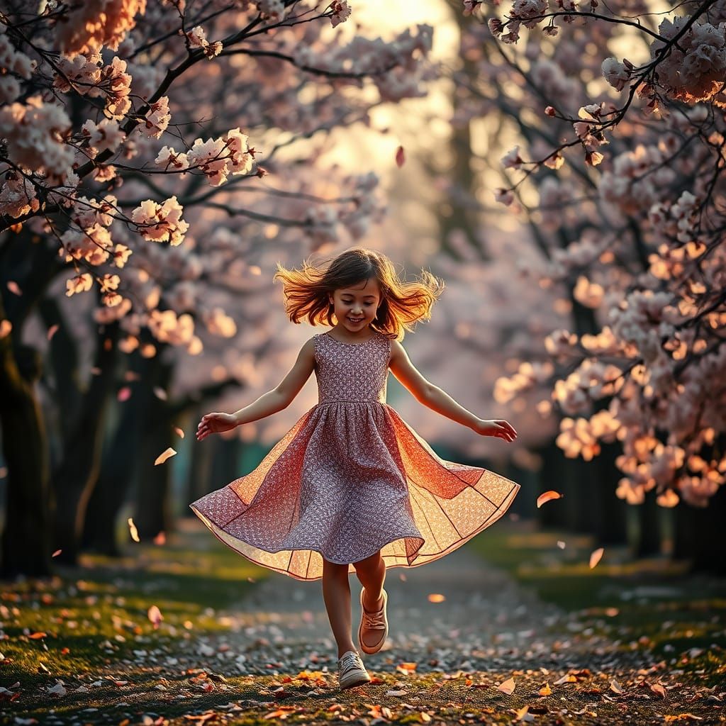 Young Girl Dancing in Cherry Blossom Park in Golden Hour
