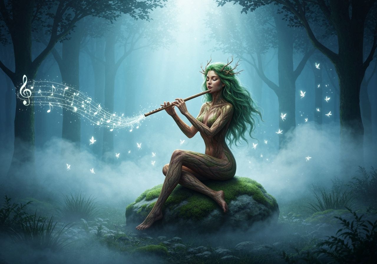 Dryad Playing Flute in Enchanted Forest at Night
