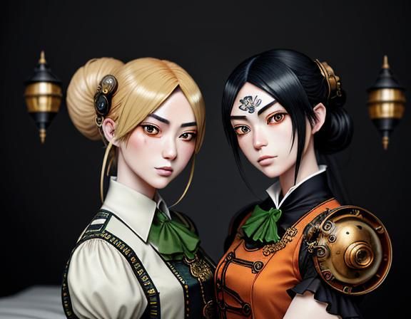 Kemono Twin Sisters Kissing in Steampunk Manga Style