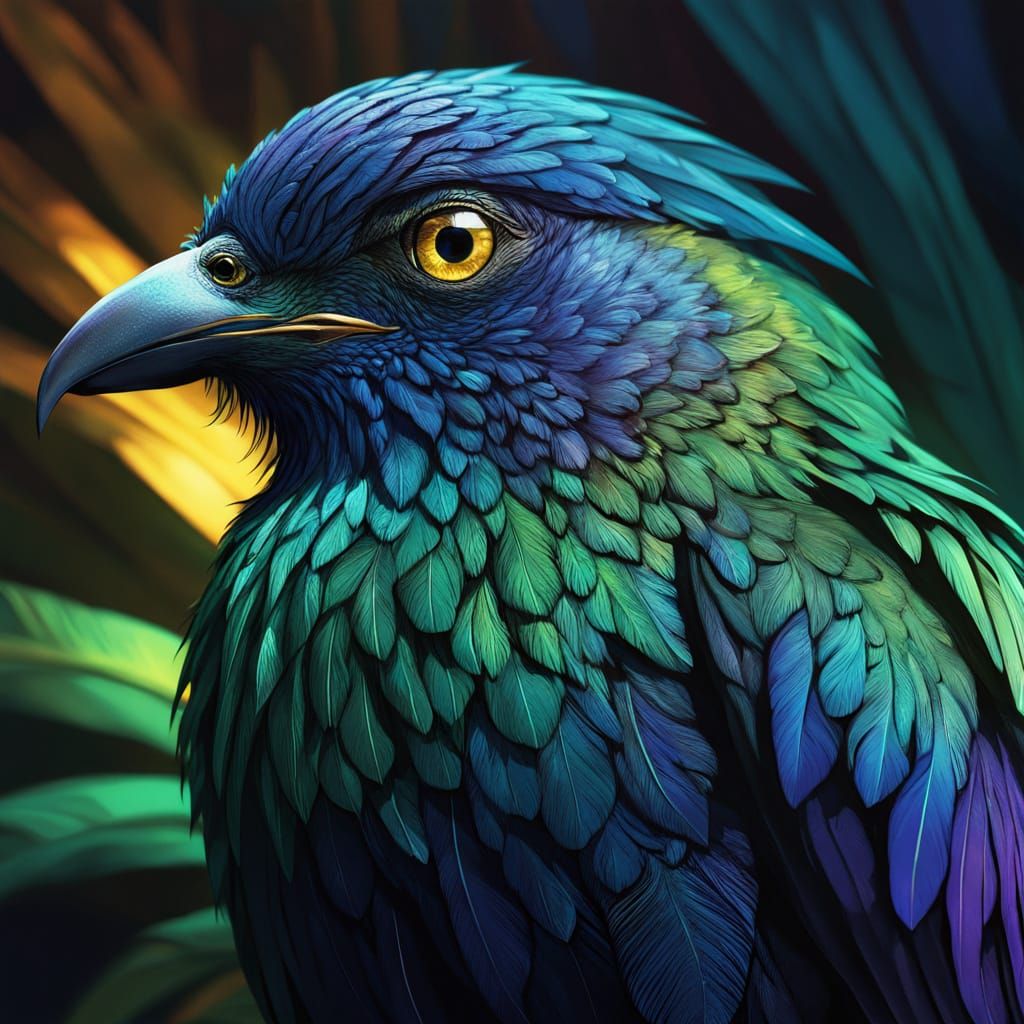 Hyperrealistic Sci-Fi Bird Concept Art in Emerald and Sapphi...