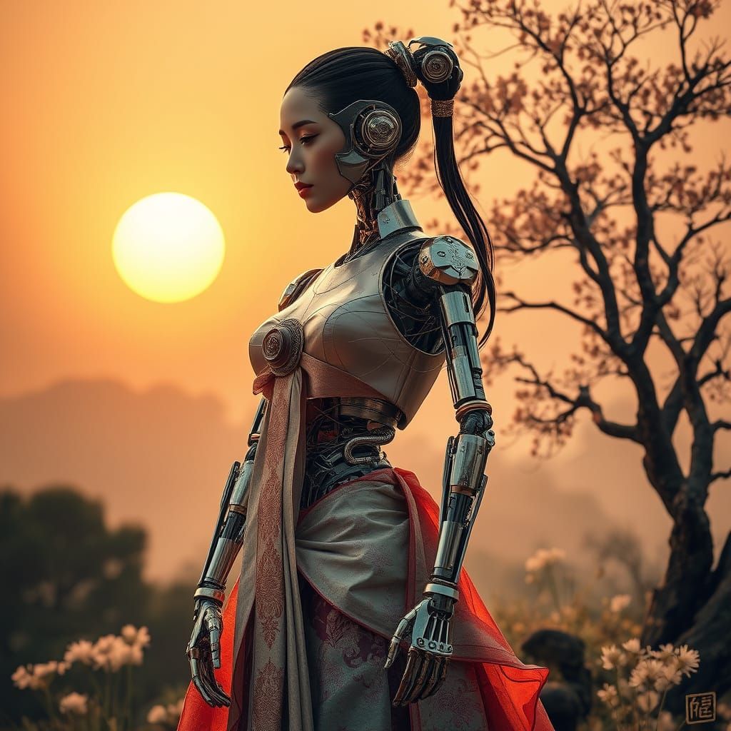 Cyberpunk Geisha in Serene Landscape