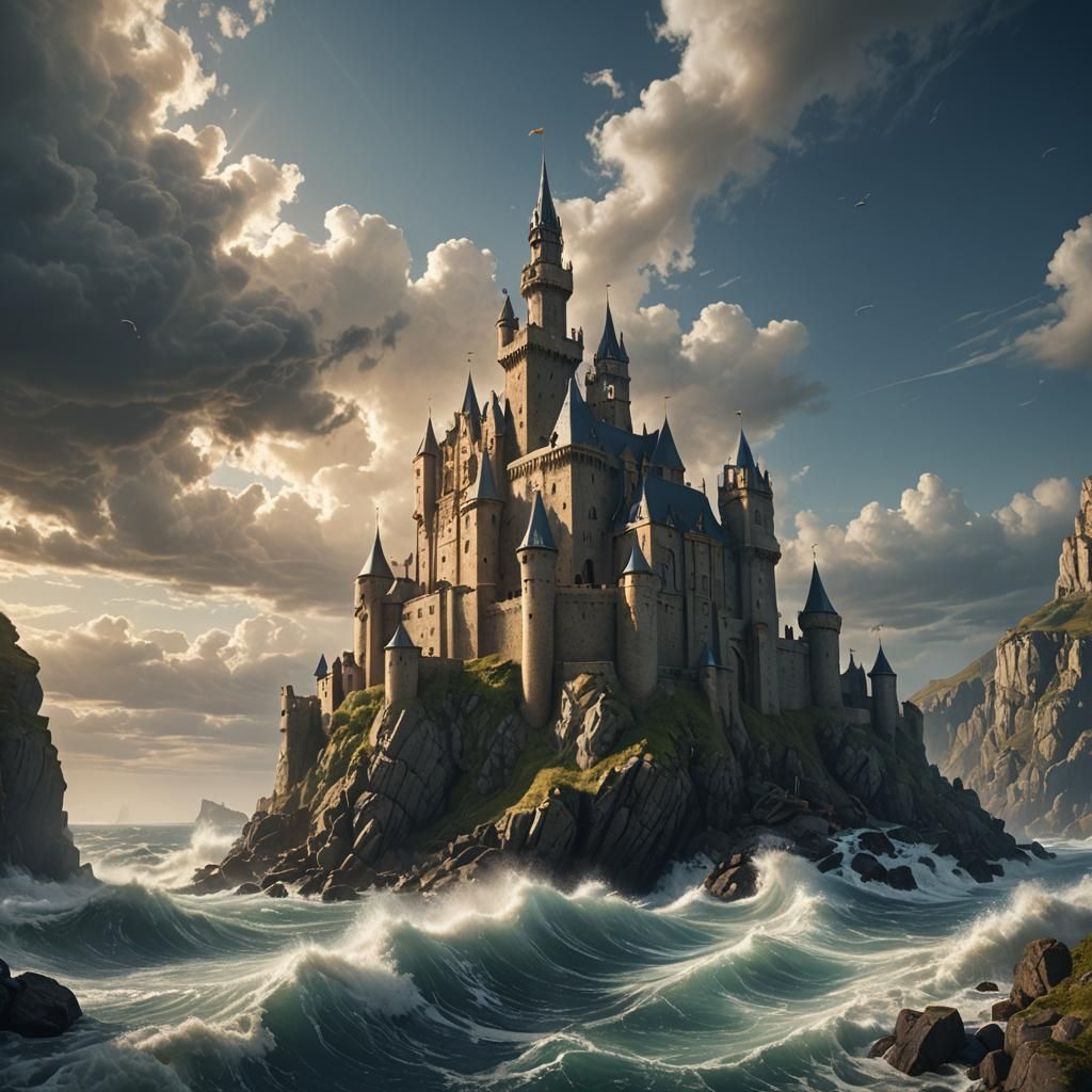 Medieval Castle Rises from Turbulent Sea: Fantasy Artwork