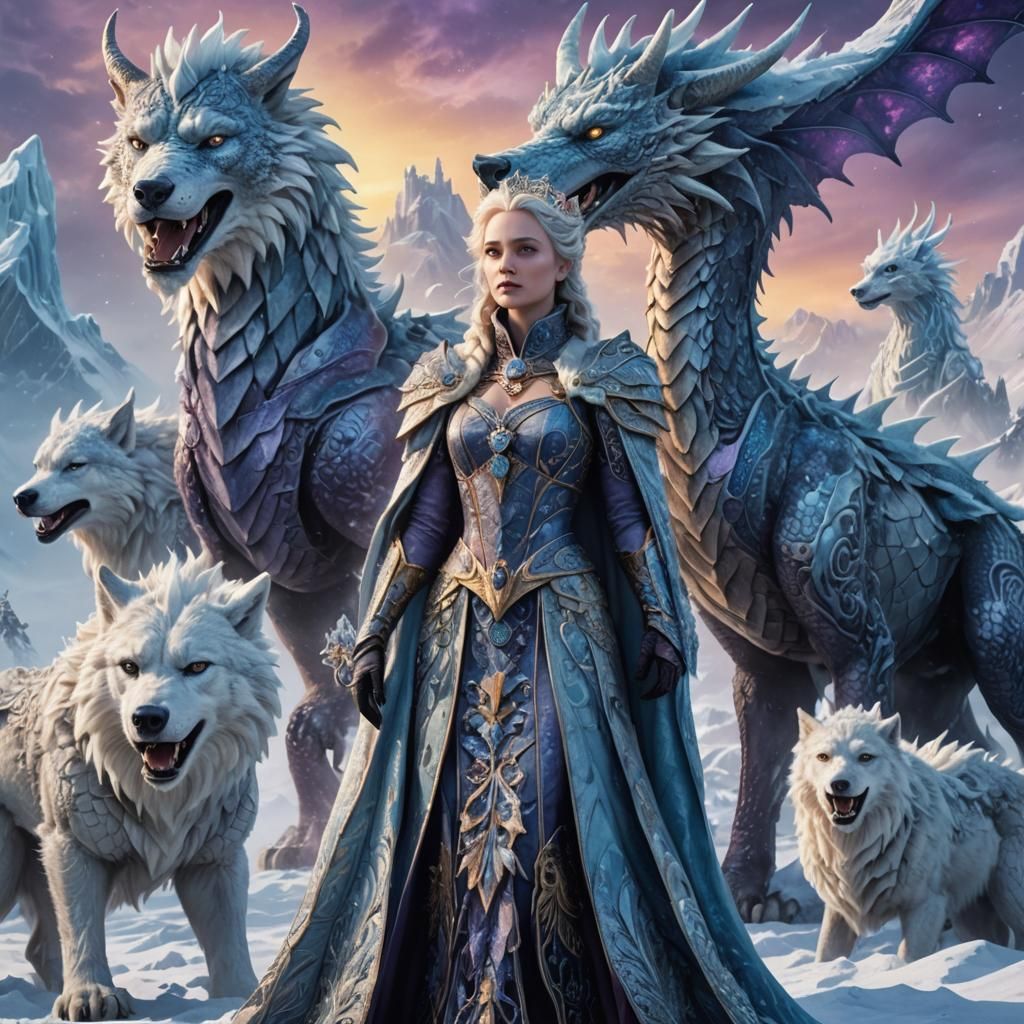 Ice Queen Surrounded by Mythical Creatures